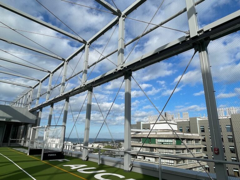 Close up of University of Auckland sports and wellness centre mesh barriers with city in background